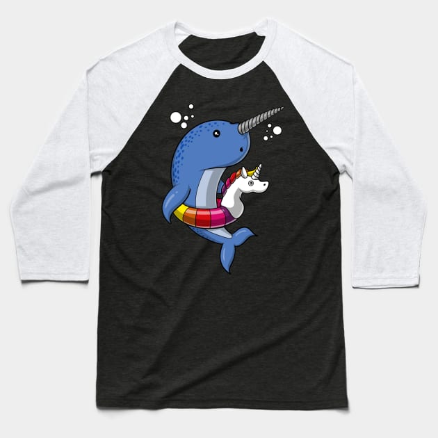 Narwhal Fish Riding Unicorn Float Baseball T-Shirt by underheaven